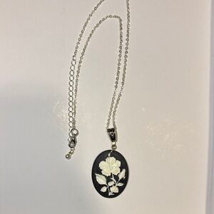 Elegant Silver and Black Floral Pendant Necklace